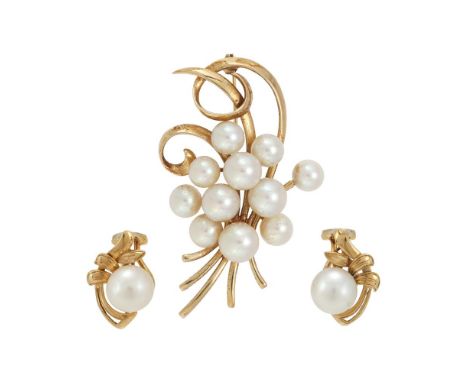 
	
		MIKIMOTO, A CULTURED PEARL BROOCH 
		The scrolling gold coloured brooch with a cluster of graduated cultured pearls, sta