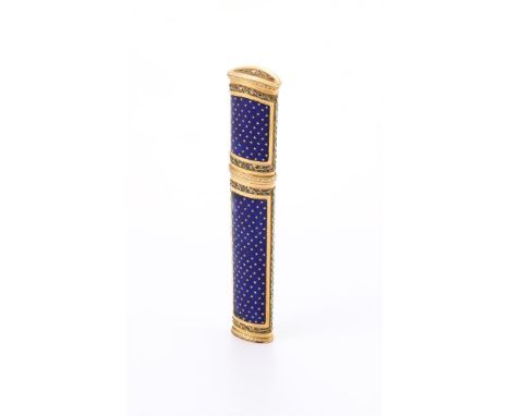A FRENCH GOLD AND ENAMEL BODKIN CASE PARIS 1838 - 1846  With chased and enamelled foliate borders, blue guilloche enamel with