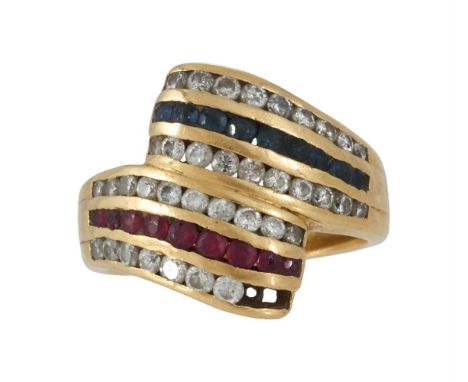 
	
		A RUBY, SAPPHIRE AND DIAMOND CROSS OVER RING 
		The crossover panels with a central row of sapphires and rubies, between