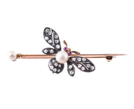 
	
		A LATE VICTORIAN DIAMOND, PEARL AND RUBY BEE BAR BROOCH 
		CIRCA 1890 
		The bee in flight with rose cut diamond set win