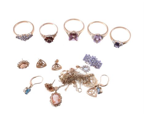 
	
		A COLLECTION OF 9 CARAT GOLD AND GOLD COLOURED JEWELLERY
		To include an amethyst  and eight cut diamond dress ring, the