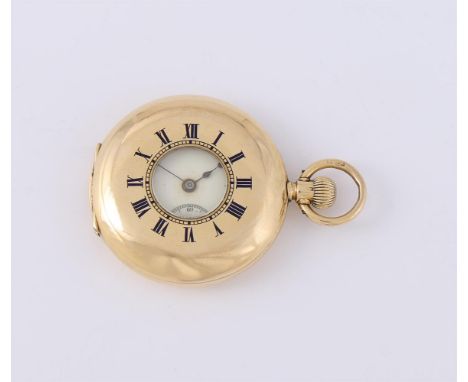 
	
		UNSIGNED 
		AN 18 CARAT GOLD KEYLESS WIND HALF HUNTER FOB WATCH, NO. 1993240, CIRCA 1907
		Movement: Swiss lever, bimeta