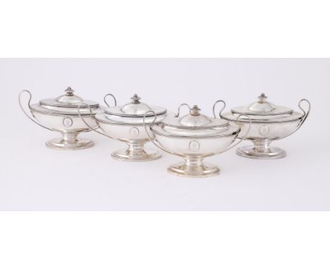
	
		A SET OF FOUR GEORGE III SILVER SAUCE BOATS
		BENJAMIN LAVER, LONDON 1783, THE COVERS UNMARKED
		With oval foliate final