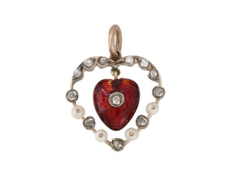 
	
		AN EARLY 20TH CENTURY DIAMOND AND SEED PEARL HEART PENDANT 
		The red enamelled heart with a central old cut diamond, wi