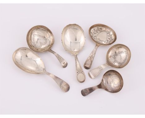 
	
		SIX SILVER OLD ENGLISH PATTERN CADDY SPOONS
		To include: a George III caddy spoon by William Chawner II, London 1817, w