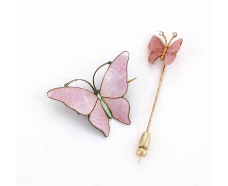 
	
		A RHODOCHROSITE BUTTERFLY STICK PIN AND A PINK ENAMEL BUTTERFLY BROOCH 
		The gold coloured butterfly with carved rhodoc