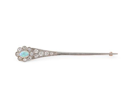 
	
		A DIAMOND AND OPAL CLUSTER TAPERING BAR BROOCH 
		CIRCA 1920 
		The oval cabochon opal within a surround of old cut diam