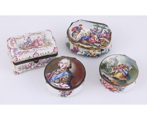 A COLLECTION OF FOUR ANTIQUE ENAMELLED BOXES  To include an 18th century shaped baluster box, circa 1780, the lid painted wit