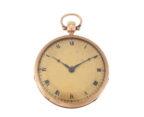 
	
		UNSIGNED 
		A GOLD KEYLESS WIND OPEN FACE POCKET WATCH
		Movement: Lever escapement, bimetallic split balance, overcoil 