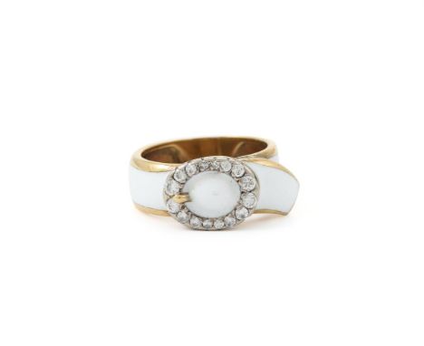 
	
		A DIAMOND AND WHITE ENAMEL DRESS RING 
		The white enamel band with a diamond set buckle, approximately 0.28 carats tota