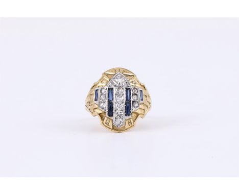 
	
		A DIAMOND AND SYNTHETIC SAPPHIRE DRESS RING 
		The shaped panel with tapering rows of eight cut diamonds, with rows of F