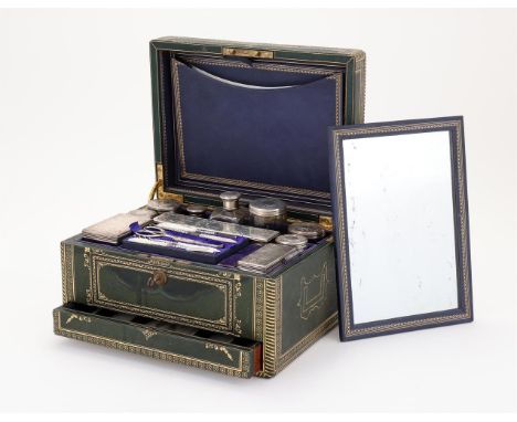 
	
		Y&nbspA VICTORIAN TRAVELLING TOILET CASE
		STEPHENSON &amp; SON
		The green leather case with gilt tooled decoration, op