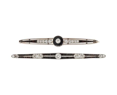 
	
		TWO ART DECO DIAMOND AND ONYX BAR BROOCHES 
		CIRCA 1920  
		The first signed POLAK.AINE PARIS, with a central millegrai