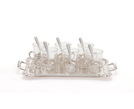 
	
		AN EDWARDIAN SCOTTISH SILVER TRAY AND SIX DRAM GLASSES
		HAMILTON &amp; INCHES, EDINBURGH 1902
		The tray with a gadroon
