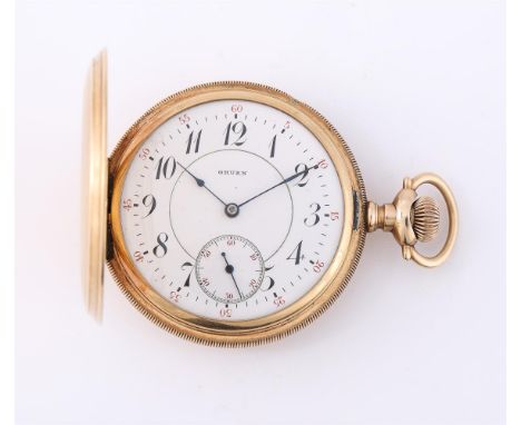 
	
		D. &amp; S. GRUEN
		A GOLD COLOURED KEYLESS WIND FULL HUNTER POCKET WATCH, NO. 6373836
		Movement: Lever escapement, bim