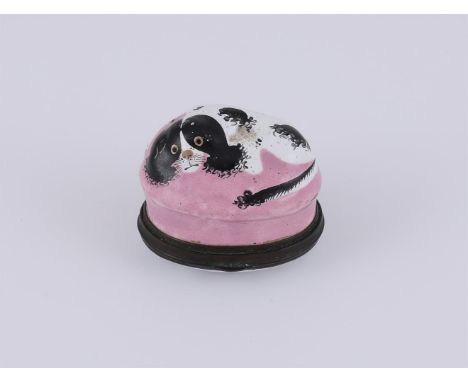 
	
		A GEORGE III SOUTH STAFFORDSHIRE ENAMEL SPANIEL BOX 
		CIRCA 1780 
		The body painted with a spaniel to a pink ground, t