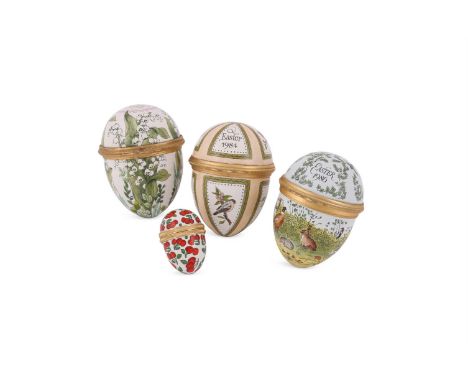 
	
		HALCYON DAYS 
		FOUR ENAMEL EGG BOXES
		To include: Easter 1986, with a gilt metal hinge and painted with countryside an