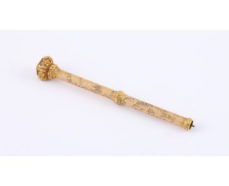 
	
		A 19TH CENTURY PROPELLING PENCIL  
		The barrel with scrolled engraved decoration, with a folate chased end piece, vacan