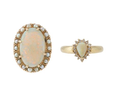 
	
		TWO OPAL DRESS RINGS 
		The first with an oval cabochon opal panel within a surround of cultured pearls, to a polished g