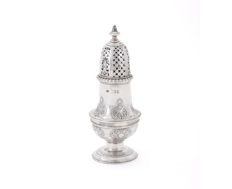 
	
		A VICTORIAN SILVER BALUSTER CASTOR
		DOBSON &amp; SONS, LONDON 1896
		With a bell shaped finial to the pierced domed cov