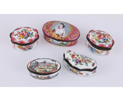 
	
		A COLLECTION OF ANTIQUE ENAMELLED BOXES 
		To include a matched pair of oval lobed enamel boxes, both decorated with pol