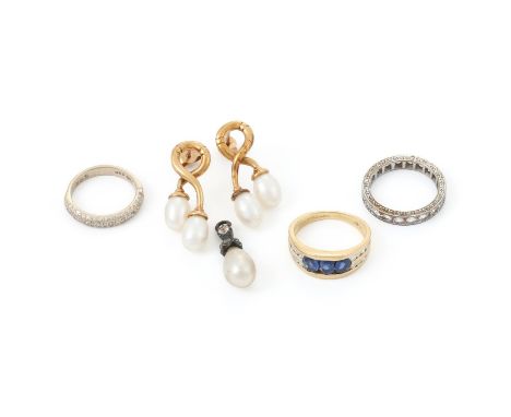 
	
		A SMALL COLLECTION OF JEWELLERY 
		To include a sapphire and diamond ring, with a trio of oval cut sapphires, to channel