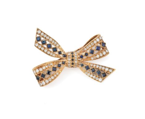 
	
		A DIAMOND AND SAPPHIRE BOW BROOCH 
		LONDON 1989
		The 9 carat gold brooch set with eight cut diamonds, and step cut sap