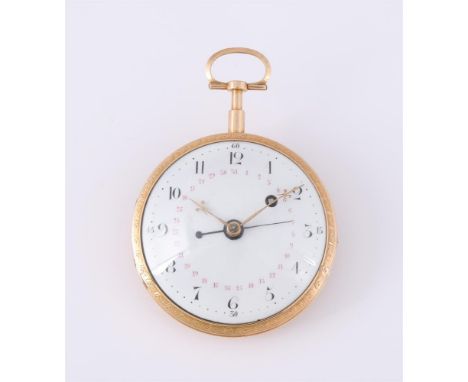
	
		UNSIGNED
		A GOLD OPEN FACE POCKET WATCH WITH DATE, NO. 4873
		Movement: Verge fusee, undersprung three armed flat balan