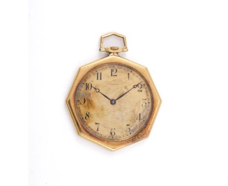 
	
		UNSIGNED
		A FRENCH GOLD KEYLESS WIND HEXAGONAL OPEN FACE POCKET WATCH, NO. 77966, CIRCA 1920
		Movement: Lever escapeme