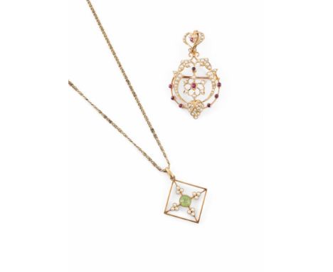 
	
		TWO EDWARDIAN HALF PEARL PENDANTS 
		CIRCA 1910
		The first with a pierced foliate hooped panel set with half seed pearl