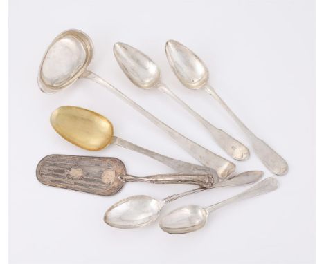 
	
		A COLLECTION OF SWEDISH SILVER SERVING PIECES
		To include: a large ladle, stamped Sclberg, 39cm (15 1/4in) long; a pair