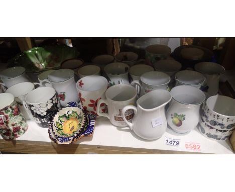 Shelf of ceramics, mainly mugs. Not available for in-house P&amp;P, contact Paul O'Hea at Mailboxes on 01925 659133 