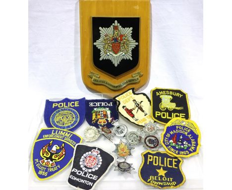 Emergency Services mixed fabric patches, cap badges and wall plaque. P&amp;P Group 2 (£18+VAT for the first lot and £3+VAT fo