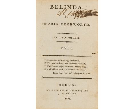 Edgeworth (Maria) Belinda, 2 vol., first Dublin edition, final f. of vol.1 blank, ink signatures to titles, that of vol.1 mos