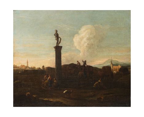LINGELBACH, JOHANNES (Frankfurt/M. 1622-1674 Amsterdam) "Am Brunnen", Rastende und Händler mit ihren Pferdewagen vor der Stad