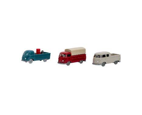 WIKING 3-tlg Konvolut VW-Pritschenwagen im Maßstab 1:87, 1954-65 bestehend aus wasserblauer (?) VW-Pritsche, unverglast, GK 2