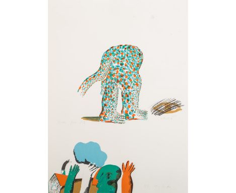 ANTES, HORST (1936) "Kopffüßler mit Wolke und Haus", Farblithographie, sig. und bez. "Probe für Fritz / 24.1.67". HxB Blatt: 
