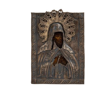 IKONE "Orthodoxer Kirchenvater" mit Oklad, Russland 19. Jh., die Ikone: Tempera über Kreidegrundierung/Holz; das Oklad: Silbe