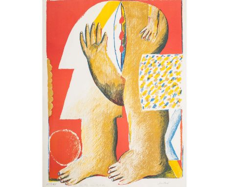 ANTES, HORST (1936) "Kopffüßler mit Ball", Farblithografie, 122/125, sig. und bez. "für Fritz am 15.5.66“, HxB Blatt: 65/50 c