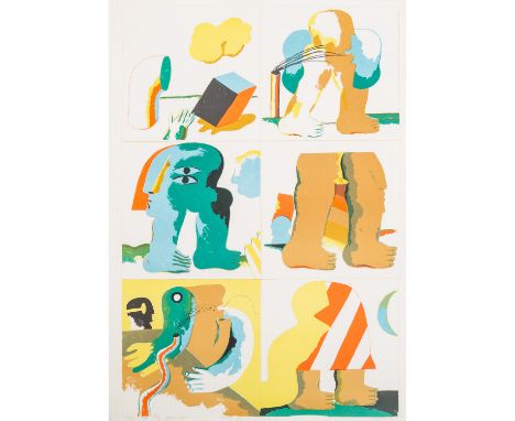 ANTES, HORST (1936) "Figuren in sechs Feldern", Farblithographie, sig. und bez. "Probe für Fritz Genkinger / 14.12.66", HxB B