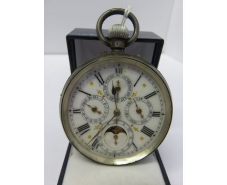 CHRONOGRAPH POCKET WATCH, silver cased 4 dial chronograph pocket watch with enamel face and Roman numerals