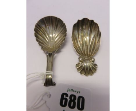 SILVER CADDY SPOONS, George III shell bowl caddy spoon, dated 1814 and 1 similar dated 1834