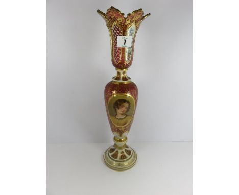 BOHEMIAN GLASSWARE, a fine cased ruby glass 15" narrow bodied vase, painted portrait plaque with reverse bouquet, gilt height