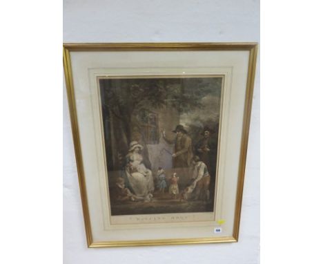 AFTER GEORGE MORLAND, Sidney E Wilson signed colour mezzotint "The Encampment" and period stipple engraving "Dancing Dogs"