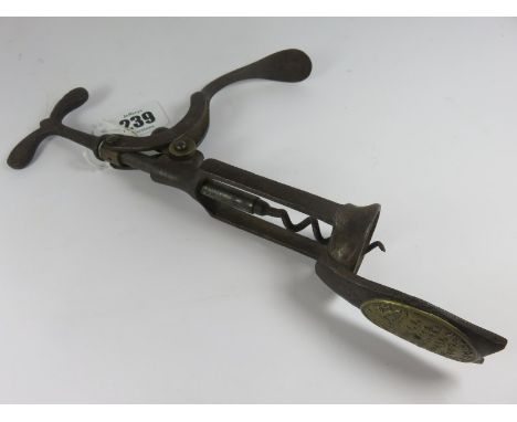 PATENT CORK SCREW, a C Hull Royal Club corkscrew with brass fitted plaque, 10" overall height