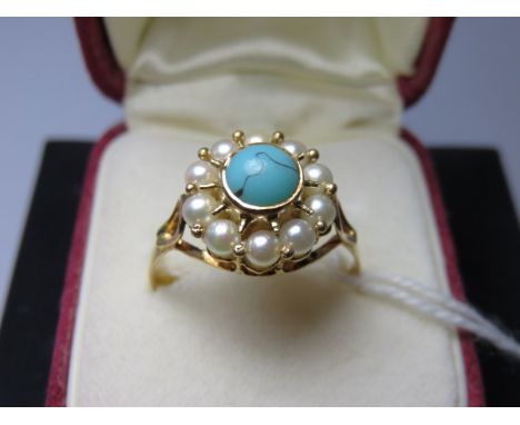 ANTIQUE RING, antique turquoise and pearl cluster ring on 18ct gold mount, size Q/R