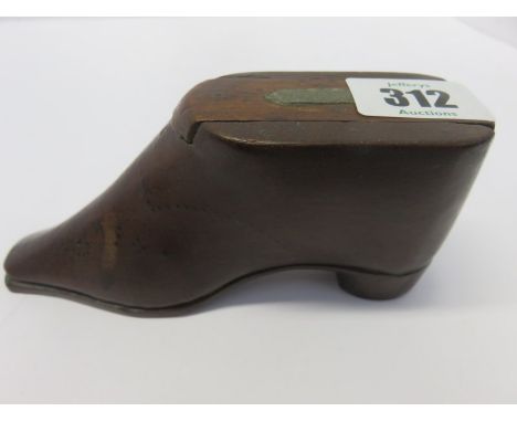 TREEN, 19th Century carved shoe snuff box with pinwork decoration, 5.25" length