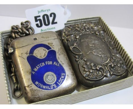 VESTA CASES, silver and enamel advertising vesta case for Wormald's Locks on silver watch chain, also a foliate decorated pla