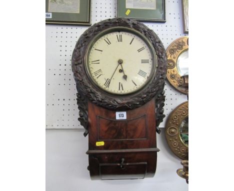 REGENCY WALL CLOCK, attractive mahogany carved oak leaf and acorn surround, drop dial mantle clock, 21" height