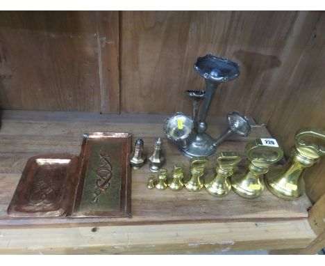 GRADUATED WEIGHTS, set of 7 brass bell shaped scale weights, also embossed copper dishes, silver plate epergne and pepperette